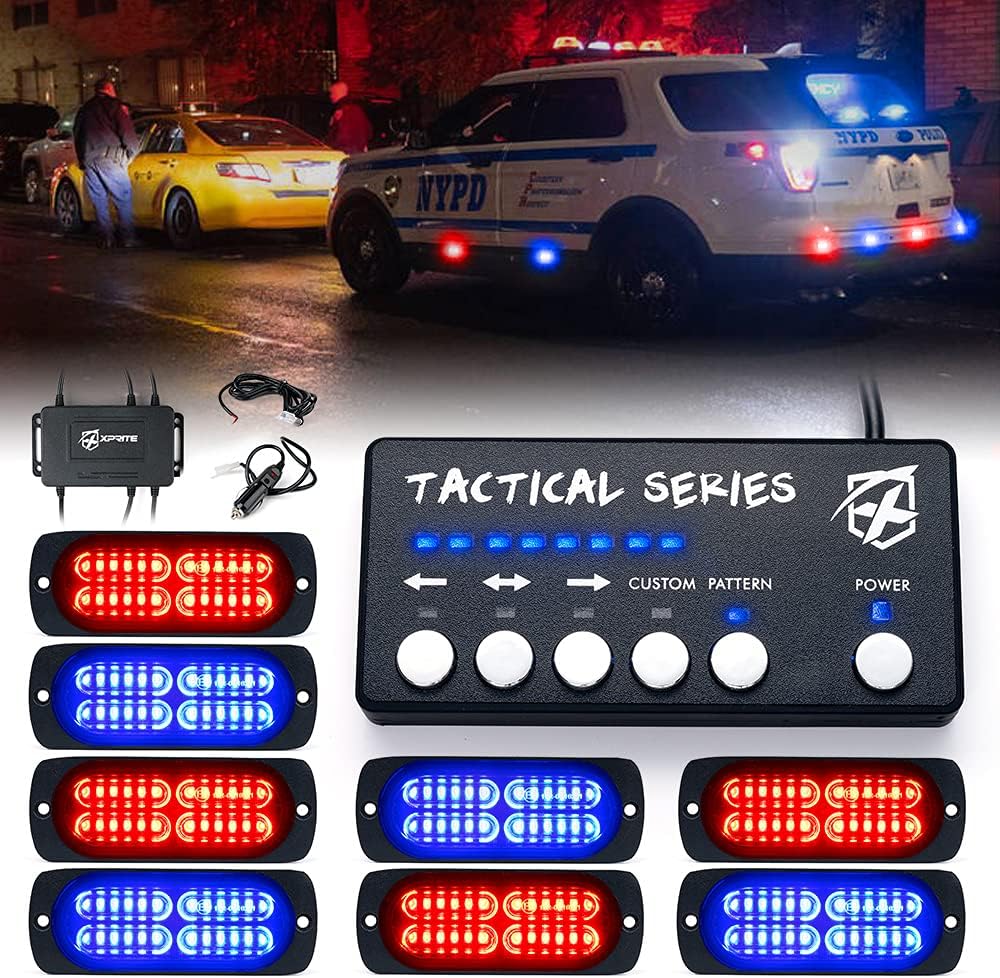24 LED Surface Mount Strobe Lights Kit with Control Panel Red Blue, 8PCS V8305