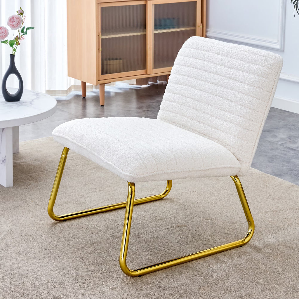 White Armless Sofa Chair with Plush Cushion and Backrest with Golden Metal Legs G220