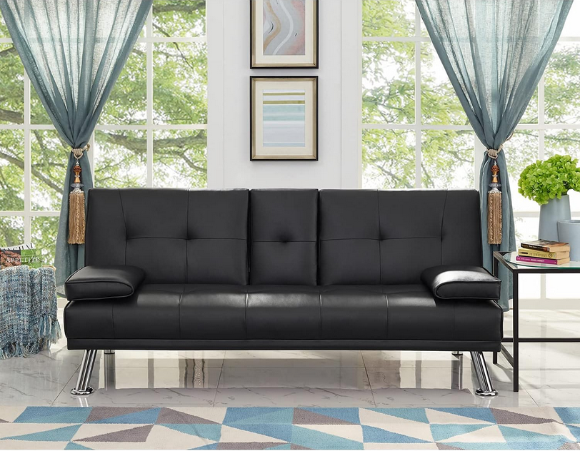 Black Faux Leather Futon Sofa Bed W983050