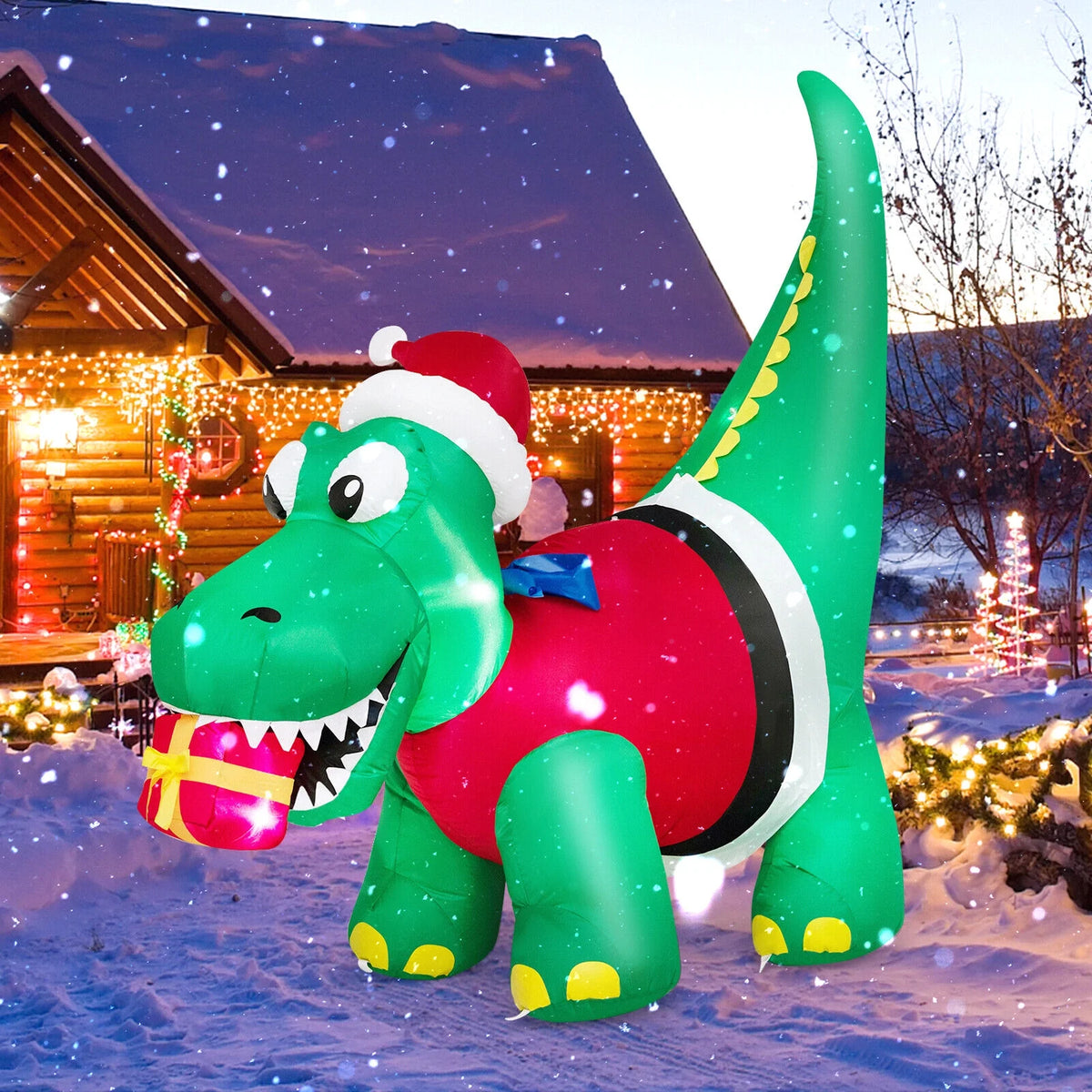 6 FT Christmas Inflatable Dinosaur with Gift Box LED Lights & Blower O120