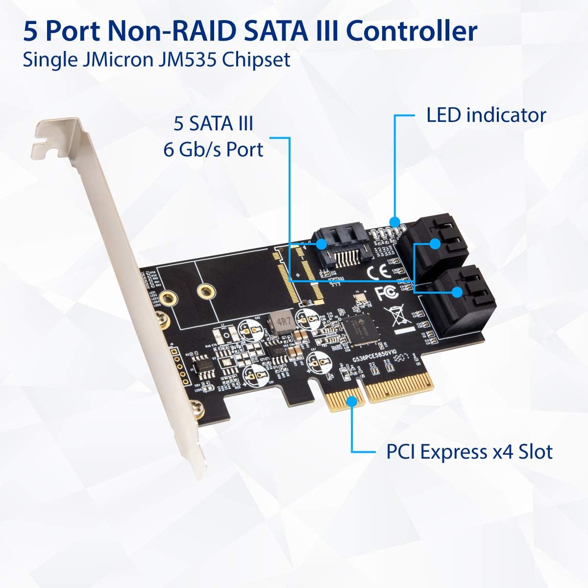 5 Port Non-Raid SATA III PCI-E X4 Controller Card with Low Profile Bracket R370050