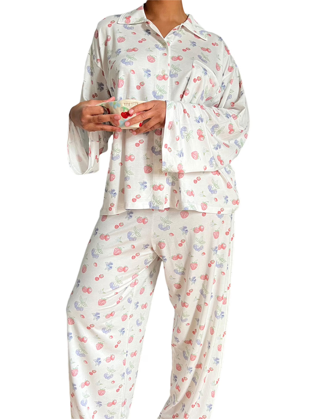 Women 2 Piece Floral Pajamas Lounge Set Long Sleeve Shirt Wide Leg Pants G62383