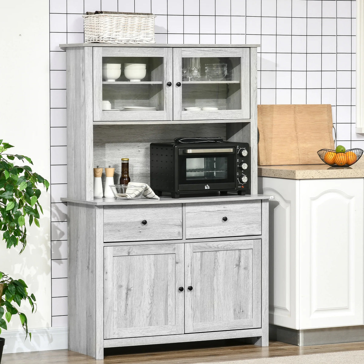 Ash Grey Kitchen Buffet with Hutch and Framed Glass Doors T10756