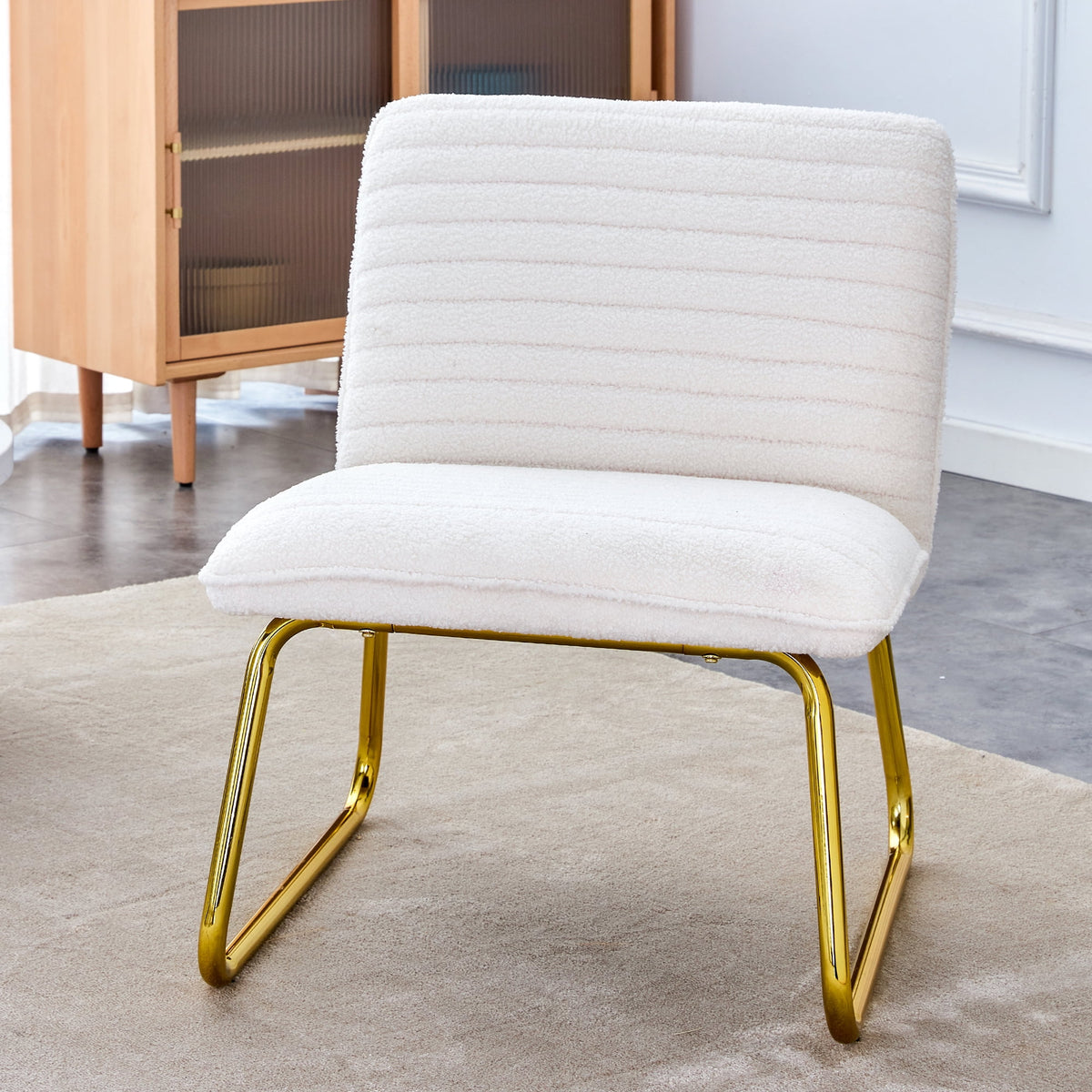 White Armless Sofa Chair with Plush Cushion and Backrest with Golden Metal Legs G220