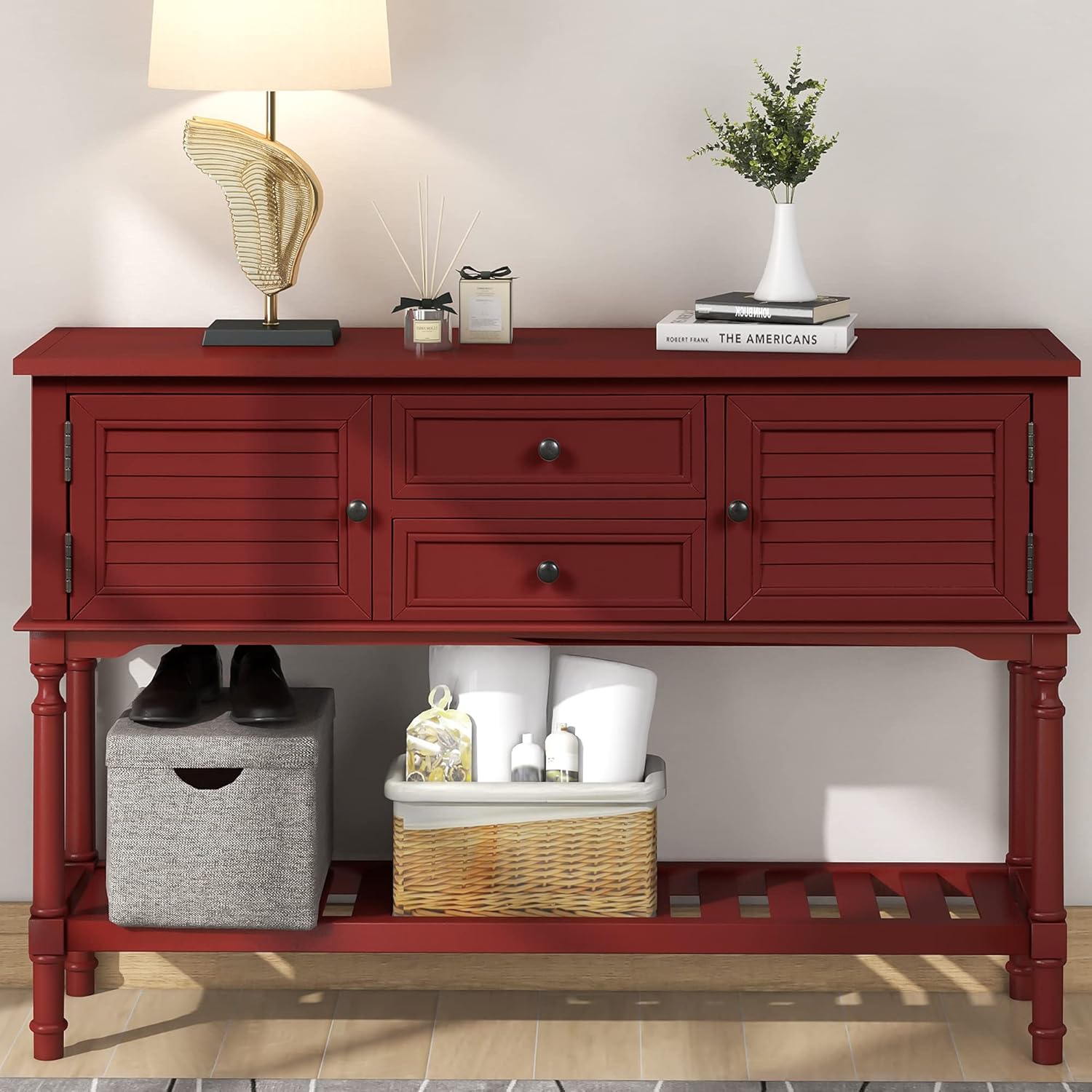 Green Solid Wood Console Table with 7 Drawers and 1 Cabinet Q37540