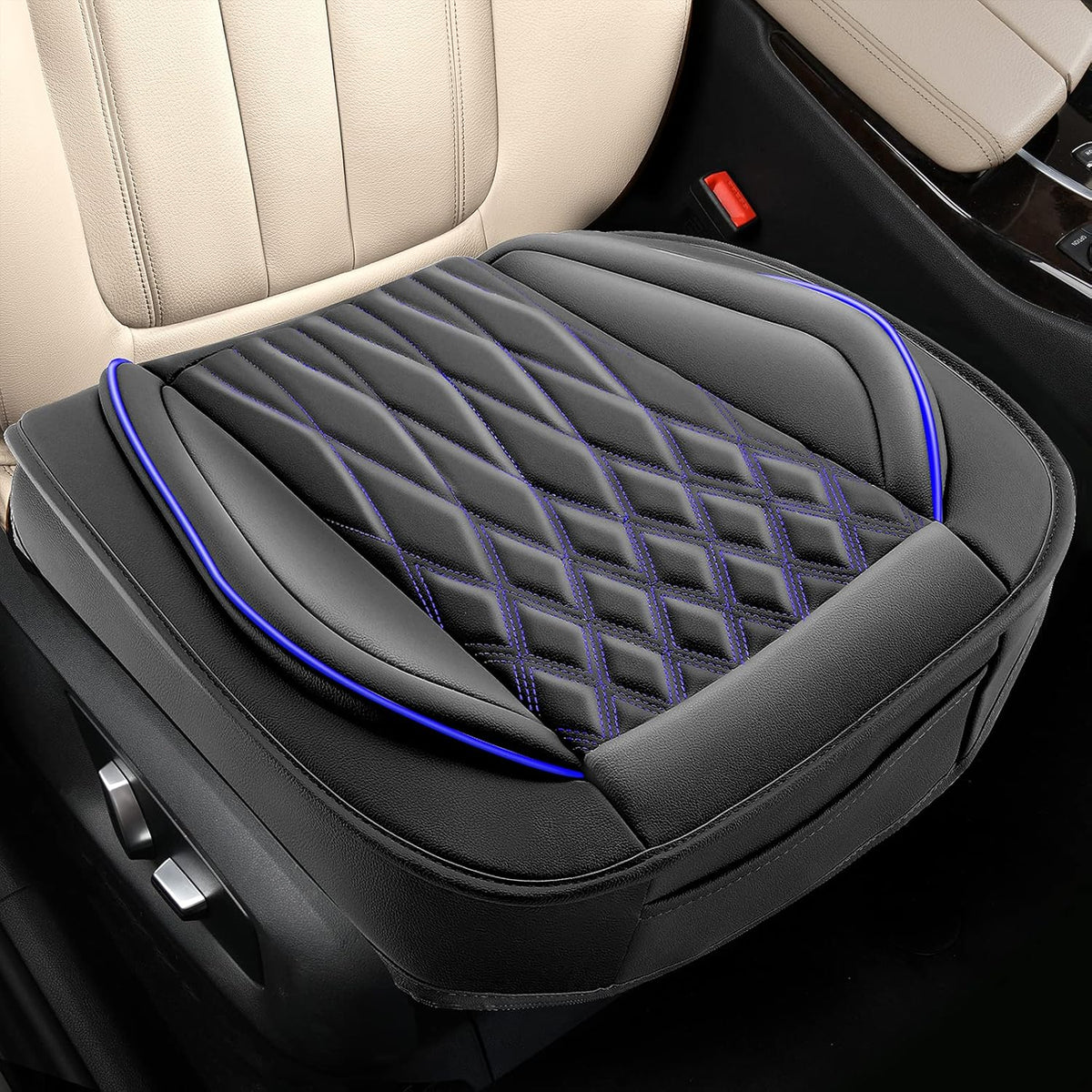 2pcs Pu Car Seat Cover, Front Seat Protector (Black-Blue Line) S593862