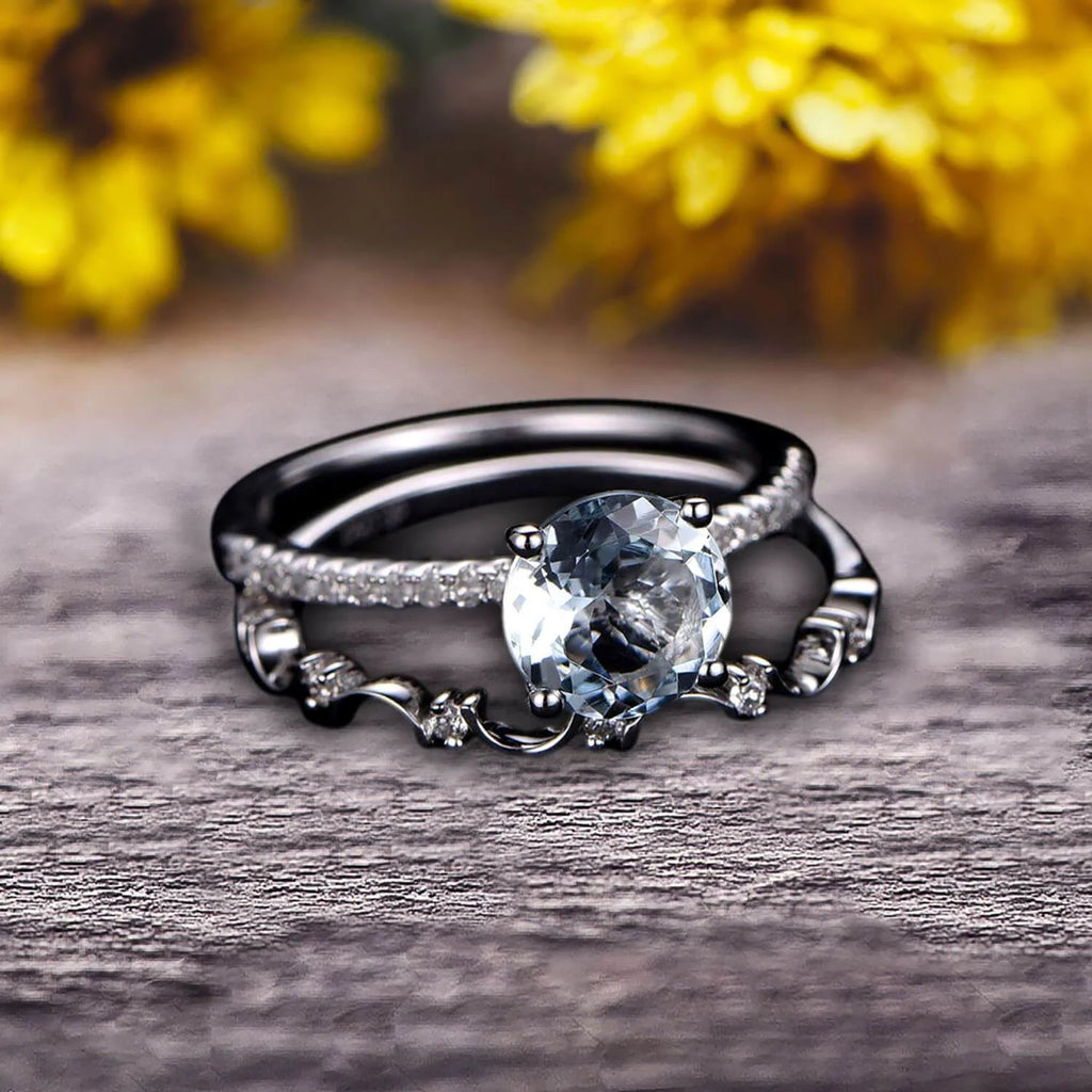 2 Carat 6mm Round Cut Blue Aquamarine Engagement Ring on 10k White Gold I377
