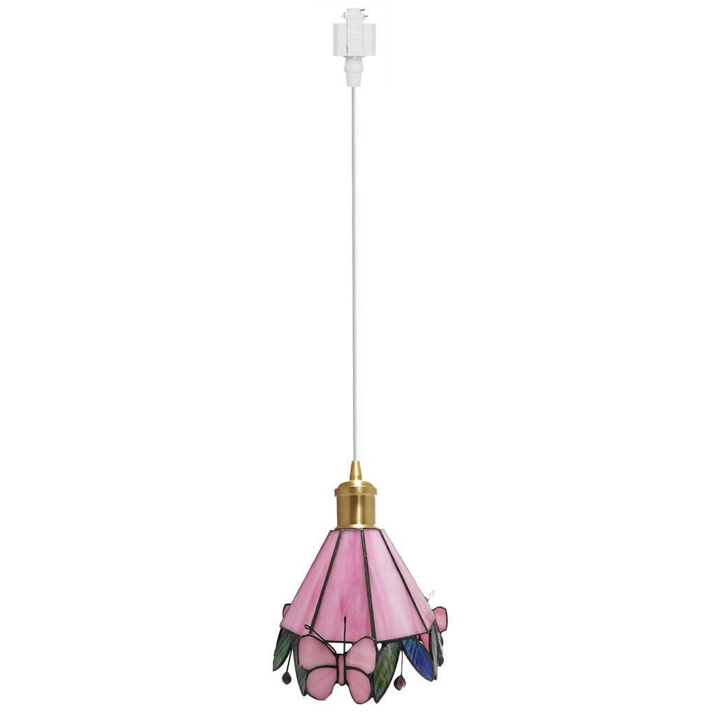 Pink Butterfly Brass Finished Stained Glass Pendant Light F332
