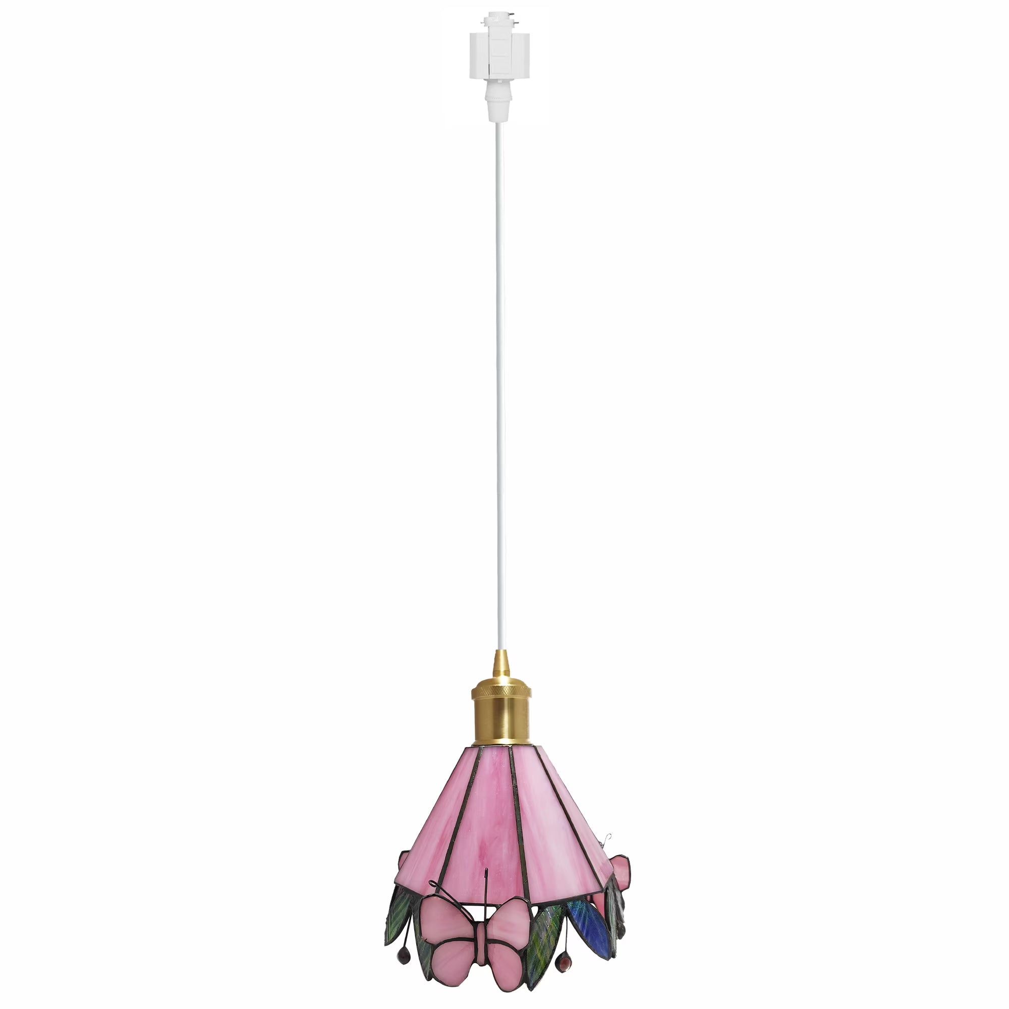 Pink Butterfly Brass Finished Stained Glass Pendant Light F332