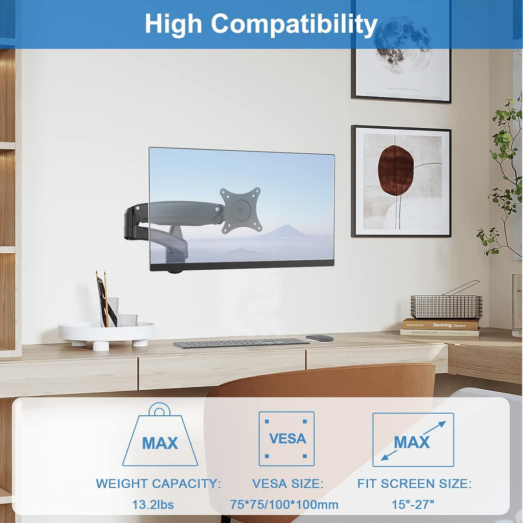 Single Wall Monitor Mount, Full Range Motion Wall Mounted Monitor Arm, Fully Adjustable PC Computer Wall Mount with Extendable Arm Fits up to 27" 13.2lbs Screens Max VESA Size 100x100mm Pack of 2 C53926