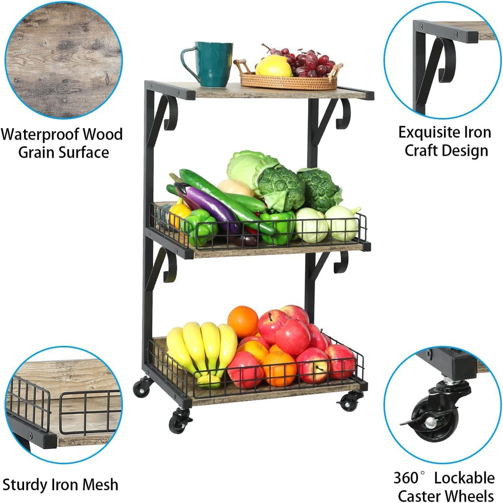 3-Tier Wood/Metal Rolling Utility Cart with Lockable Caster Wheels F83946