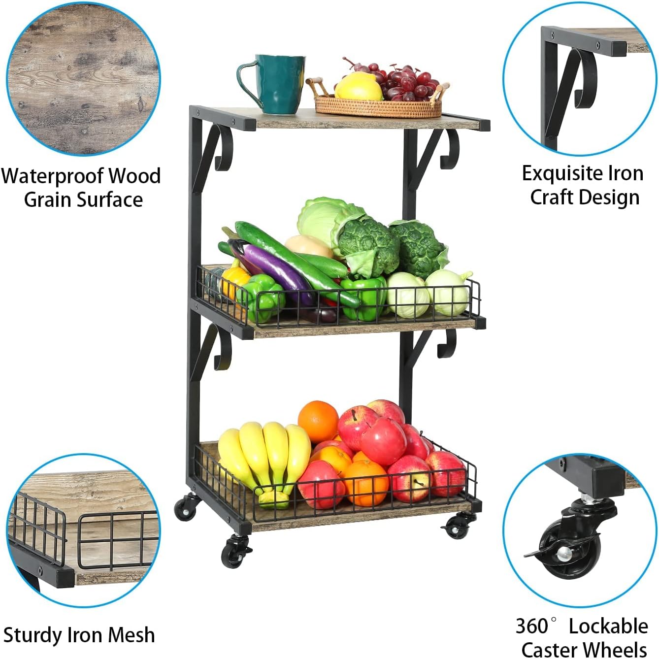3-Tier Wood/Metal Rolling Utility Cart with Lockable Caster Wheels F83946