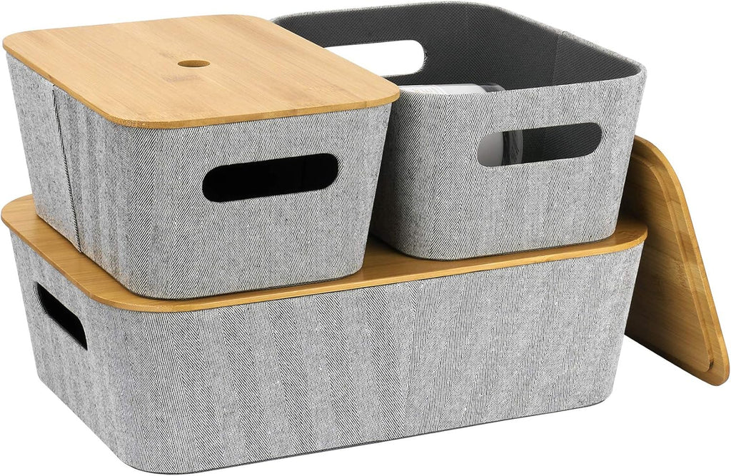 Light Gray Tweed Fabric Storage Basket Set of 3 with Bamboo Lid M771353