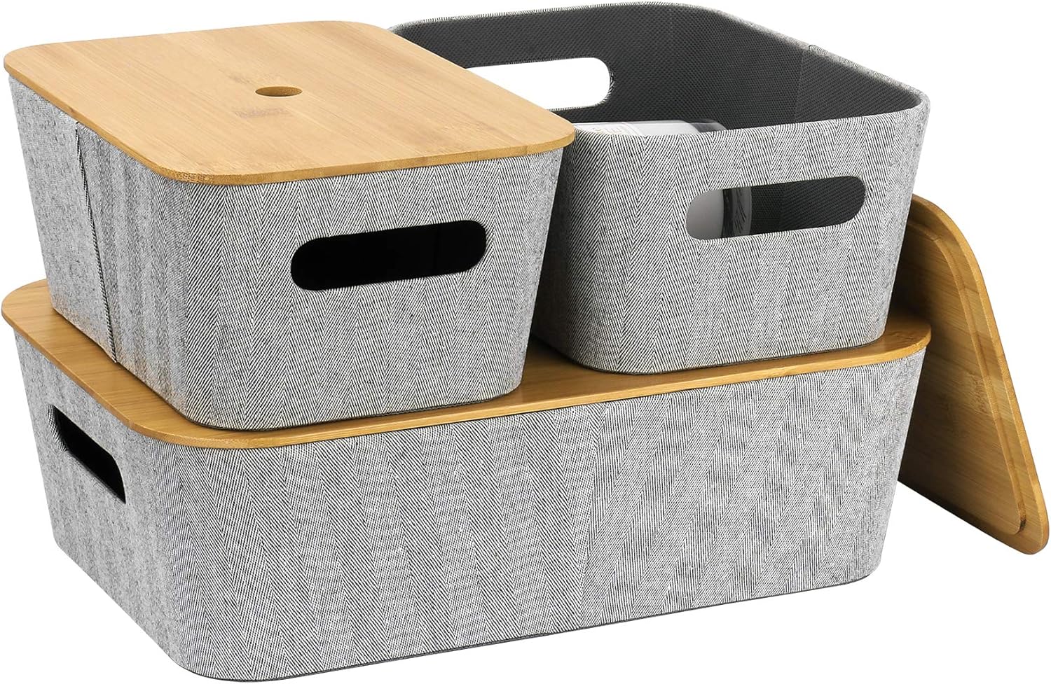 Light Gray Tweed Fabric Storage Basket Set of 3 with Bamboo Lid M771353