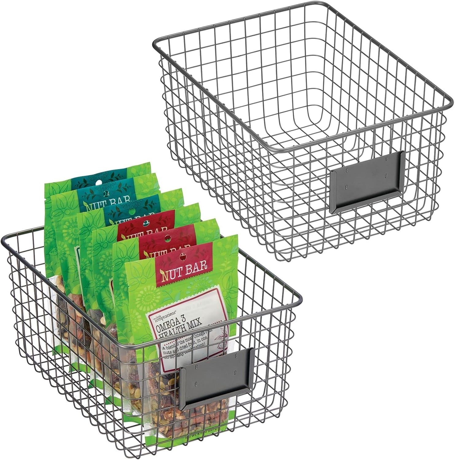 Metal Wire Food Organizer Storage Bin Basket with Label Slot, 2 Pack, Matte Black V4247