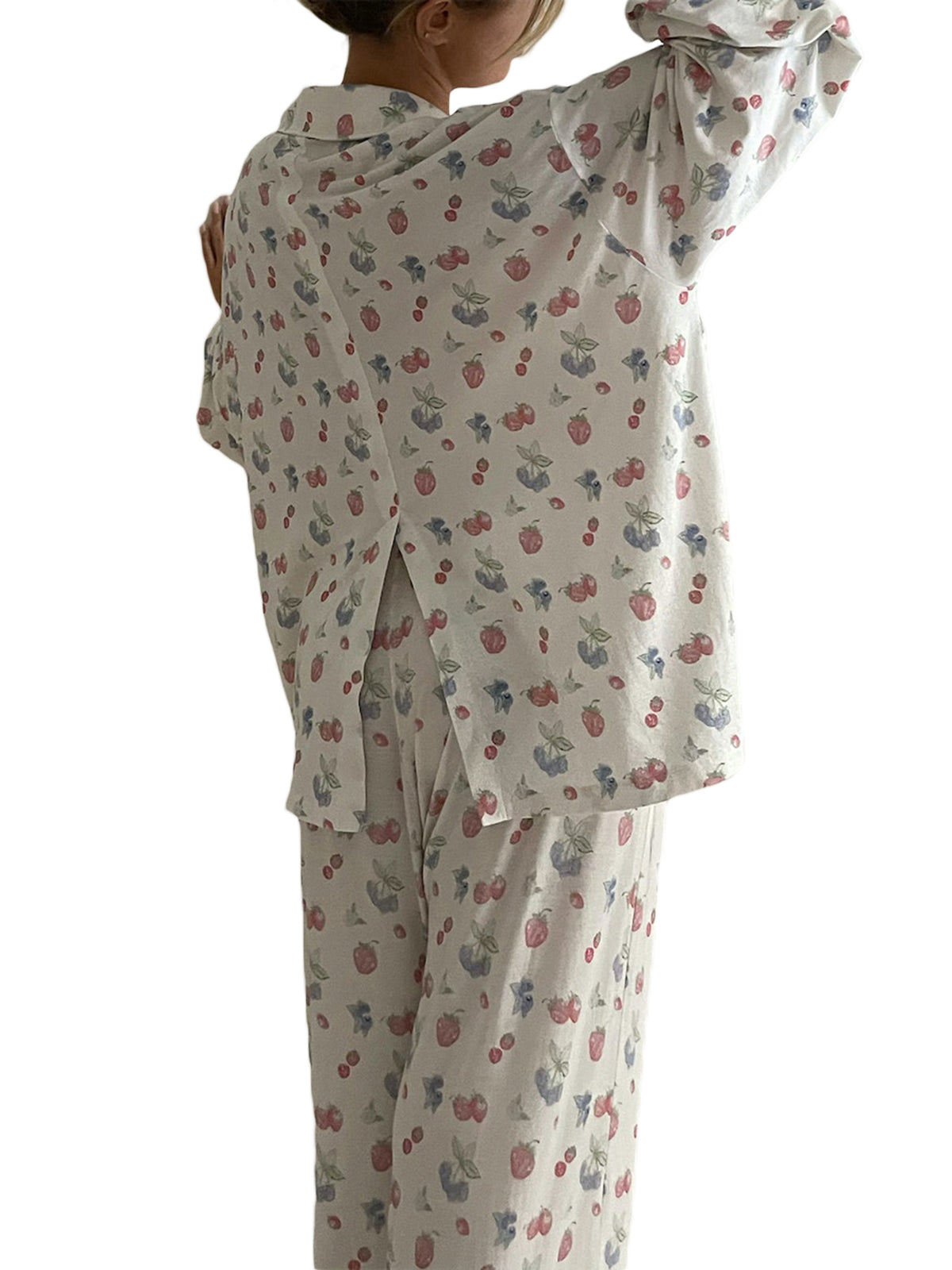 Women 2 Piece Floral Pajamas Lounge Set Long Sleeve Shirt Wide Leg Pants G62383