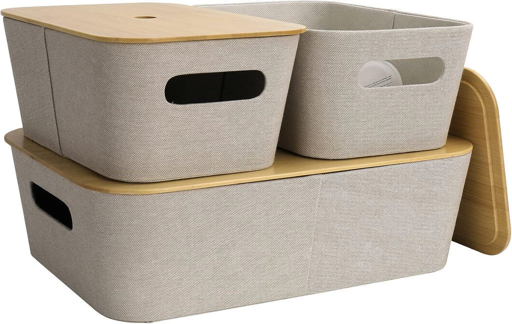 Light Gray Tweed Fabric Storage Basket Set of 3 with Bamboo Lid M771353