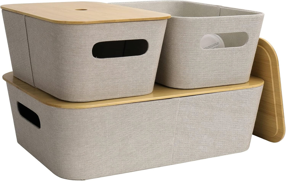 Light Gray Tweed Fabric Storage Basket Set of 3 with Bamboo Lid M771353