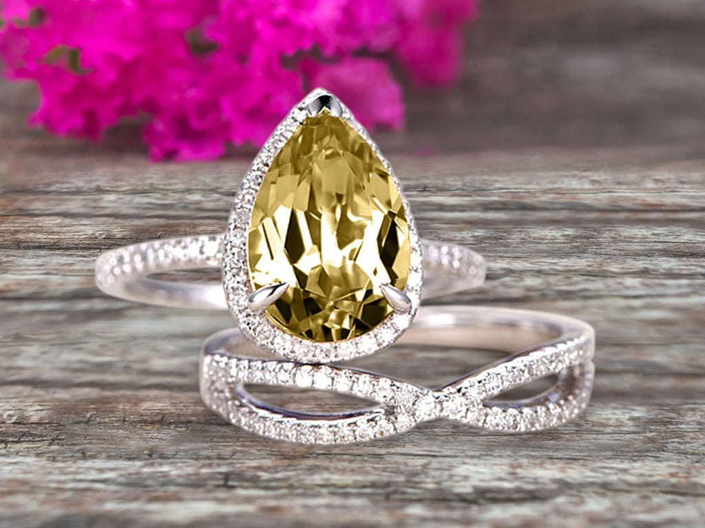 Champagne Diamond Moissanite Engagement Ring 2.5 Carat Pear Shape Gemstone Wedding Set On 10k White Gold With Matching Band I727888
