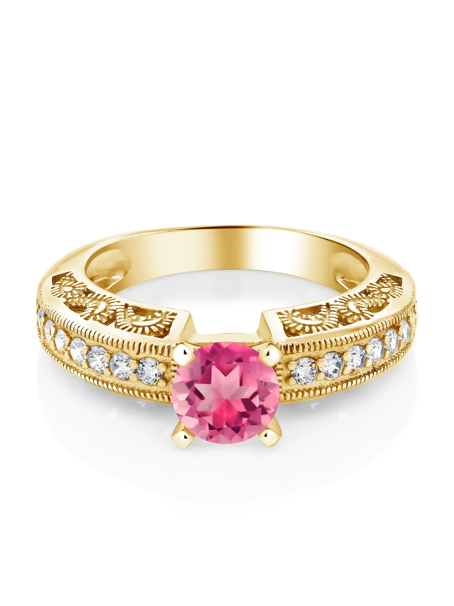 18K Yellow Gold Plated Silver Pink Mystic Topaz Engagement Filigree Ring (1.59 Cttw, Round 6MM, Size 8) W298