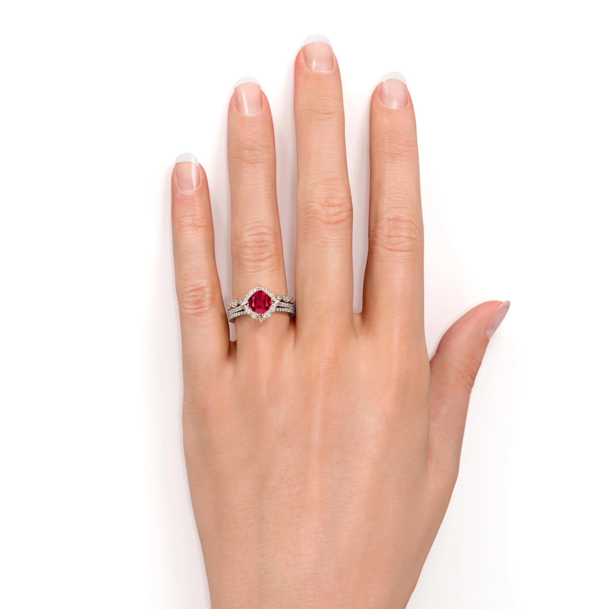 18k Rose Gold over Silver Simulated Ruby Trio Ring Set R615437