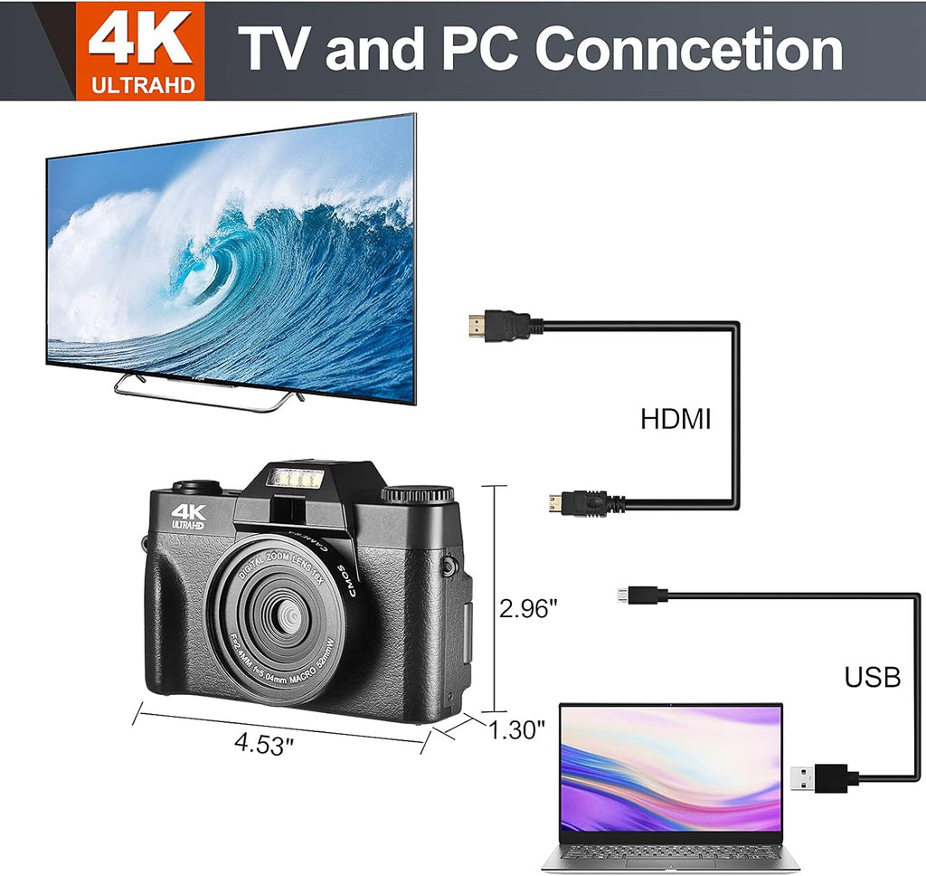 4K Digital Vlogging Camera with WiFi, 48MP, 3.0" IPS Flip Screen, 16X Digital Zoom P6128