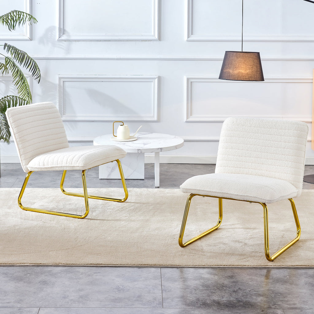 White Armless Sofa Chair with Plush Cushion and Backrest with Golden Metal Legs G220
