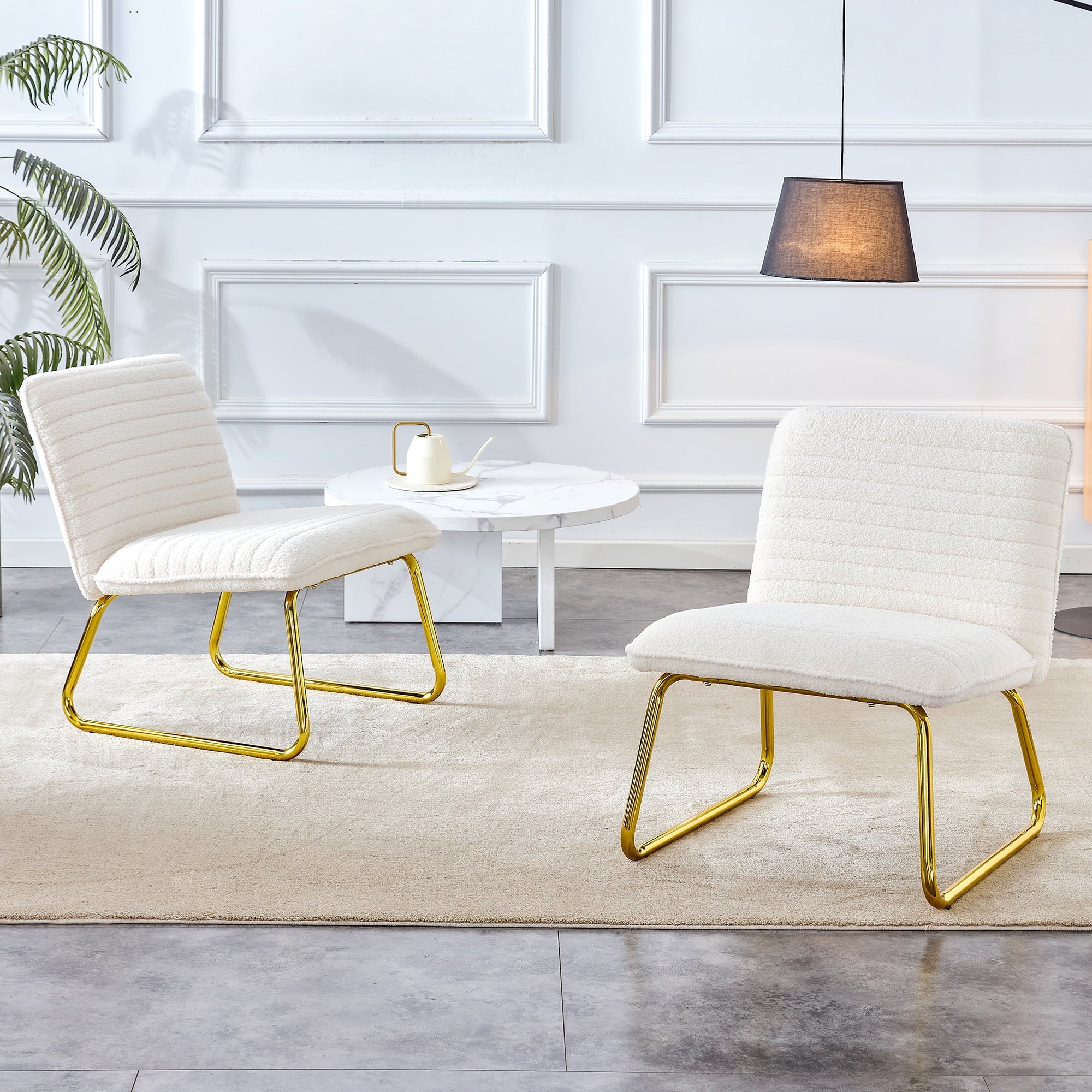 White Armless Sofa Chair with Plush Cushion and Backrest with Golden Metal Legs G220