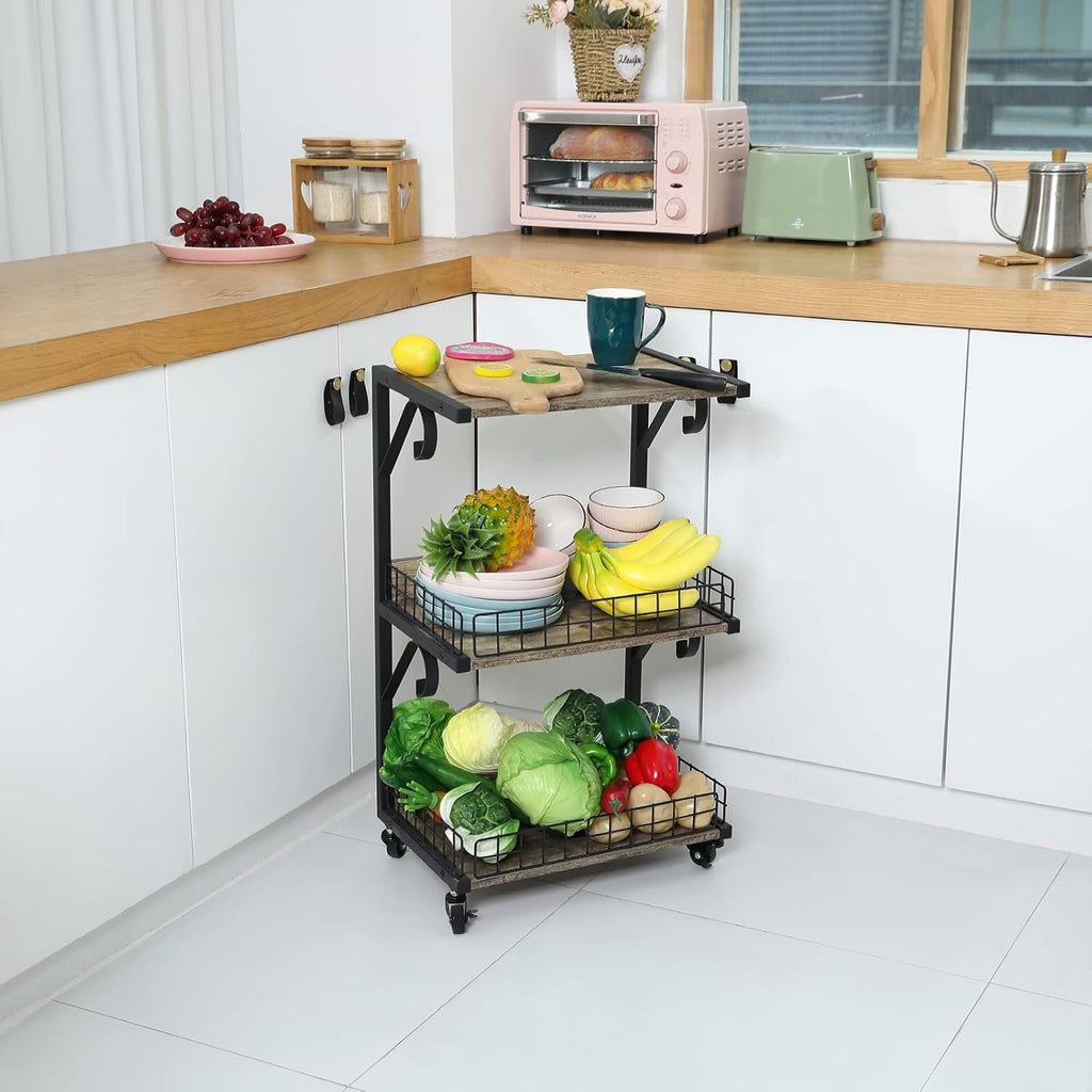 3-Tier Wood/Metal Rolling Utility Cart with Lockable Caster Wheels F83946