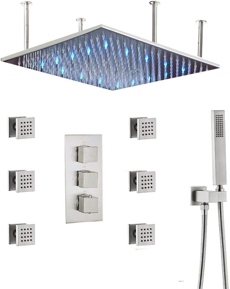 Brushed Nickel LED Rain Shower Head System with Thermostatic Mixer Valve and Body Sprayer Jets A771803