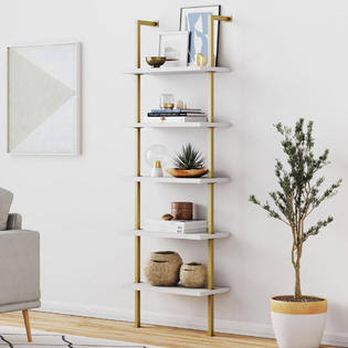 White 5-Shelf Ladder Bookshelf with Gold Metal Frame F914
