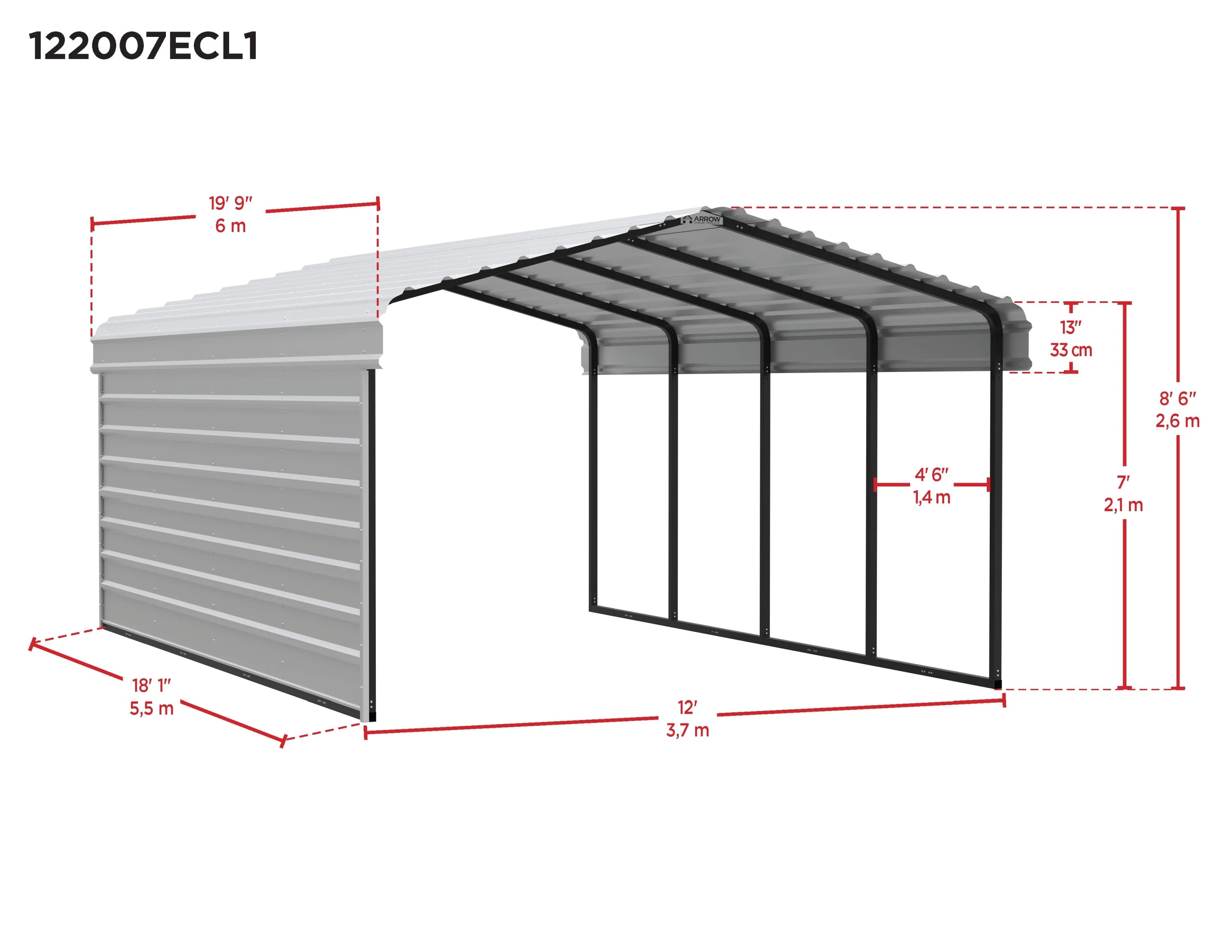 Galvanized Steel Carport with 1-Sided Enclosure, 12' x 20' x 7' H65481