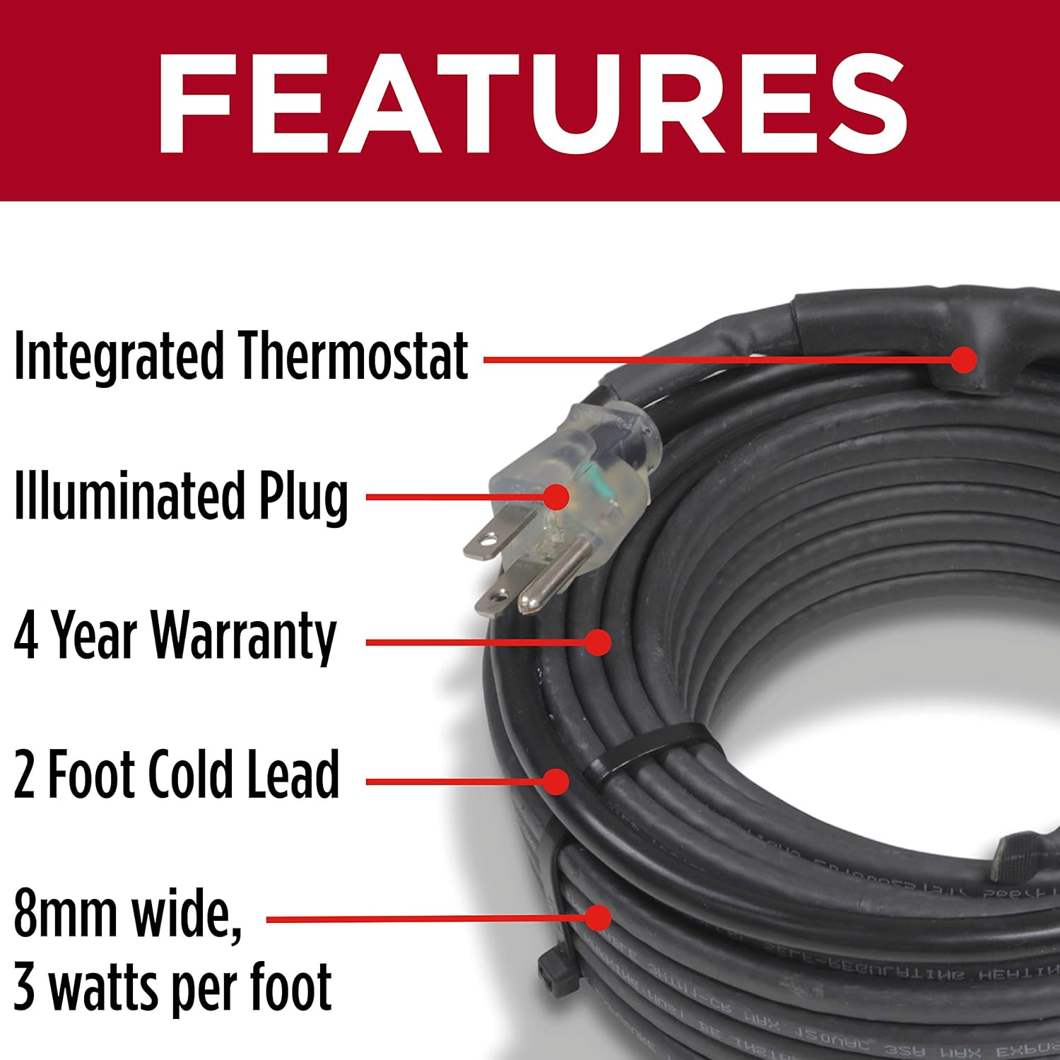 60 Feet Self-Regulating 120 Volt Heat Cable with Built-in Thermostat J18592