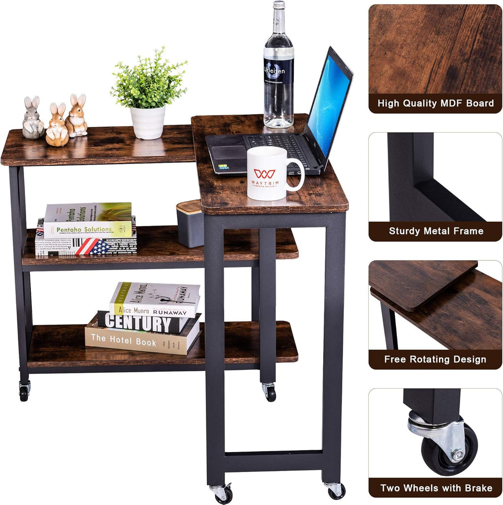 Rustic Brown Mobile Sofa Side Table with 2 Tier Storage Shelves F473
