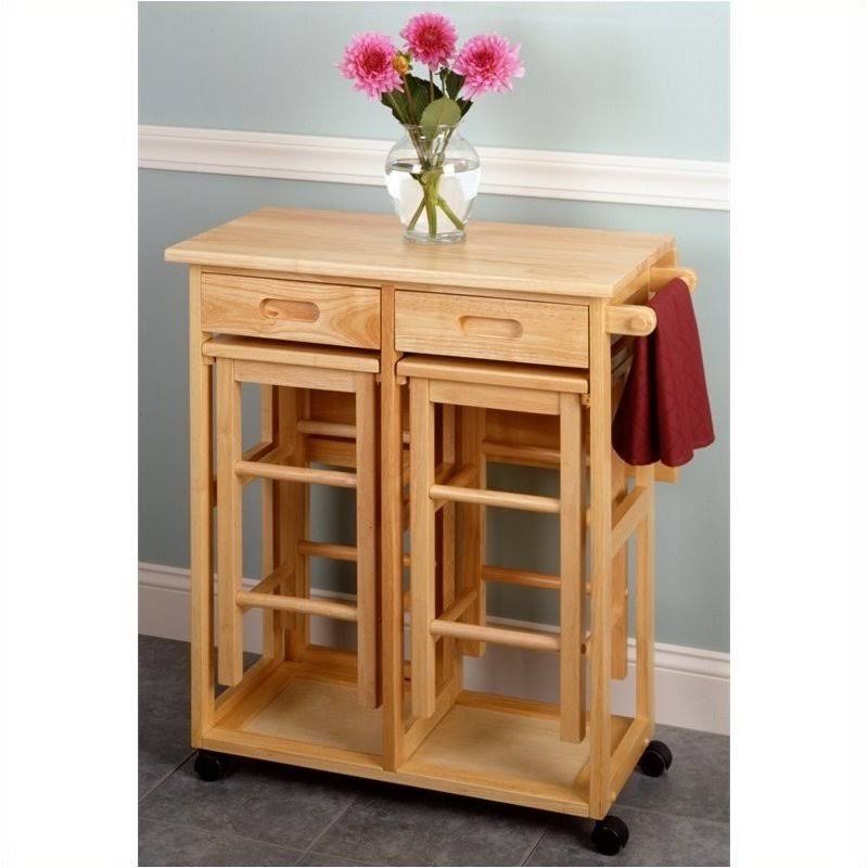 Drop Leaf Table Kitchen Cart with 2 Stools in Natural V952366
