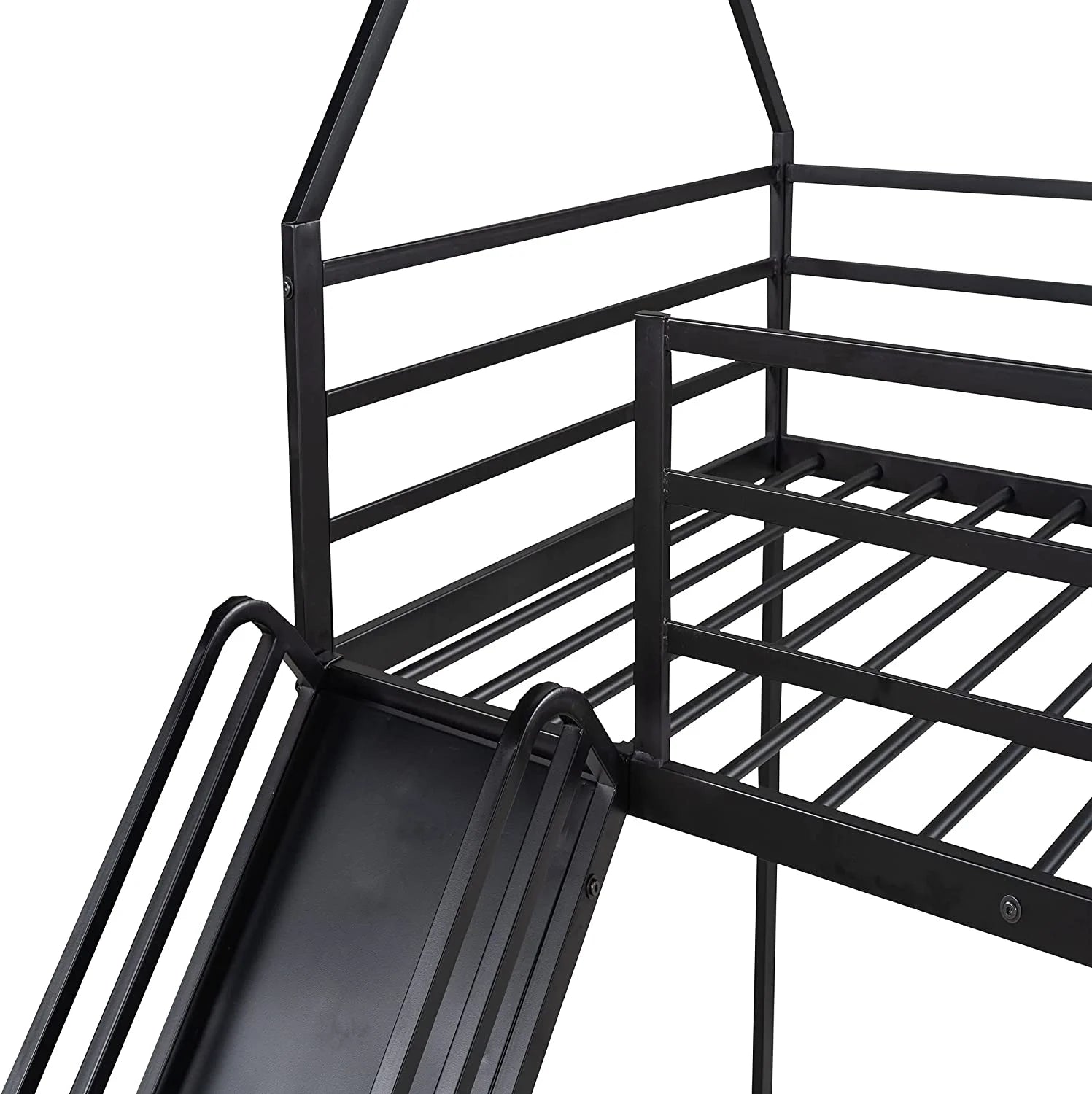 Black Metal Frame Kids Bunk Bed with Slide and Built-In Ladder T6006