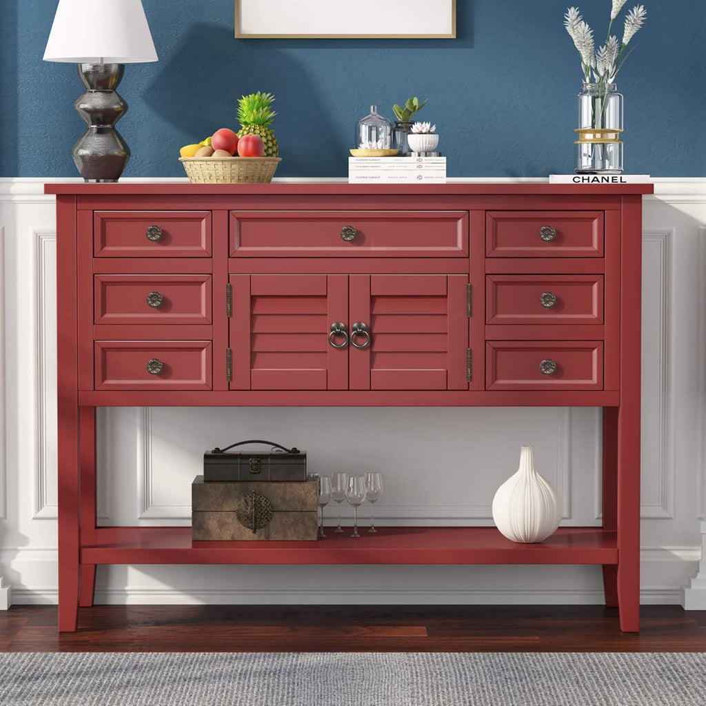 Green Solid Wood Console Table with 7 Drawers and 1 Cabinet Q37540