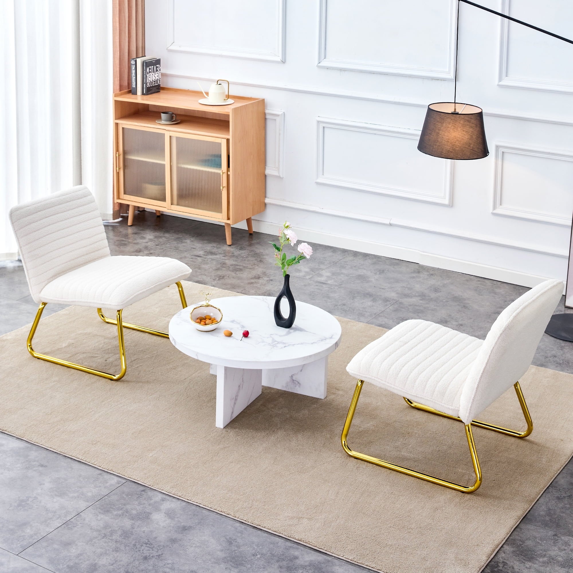 White Armless Sofa Chair with Plush Cushion and Backrest with Golden Metal Legs G220