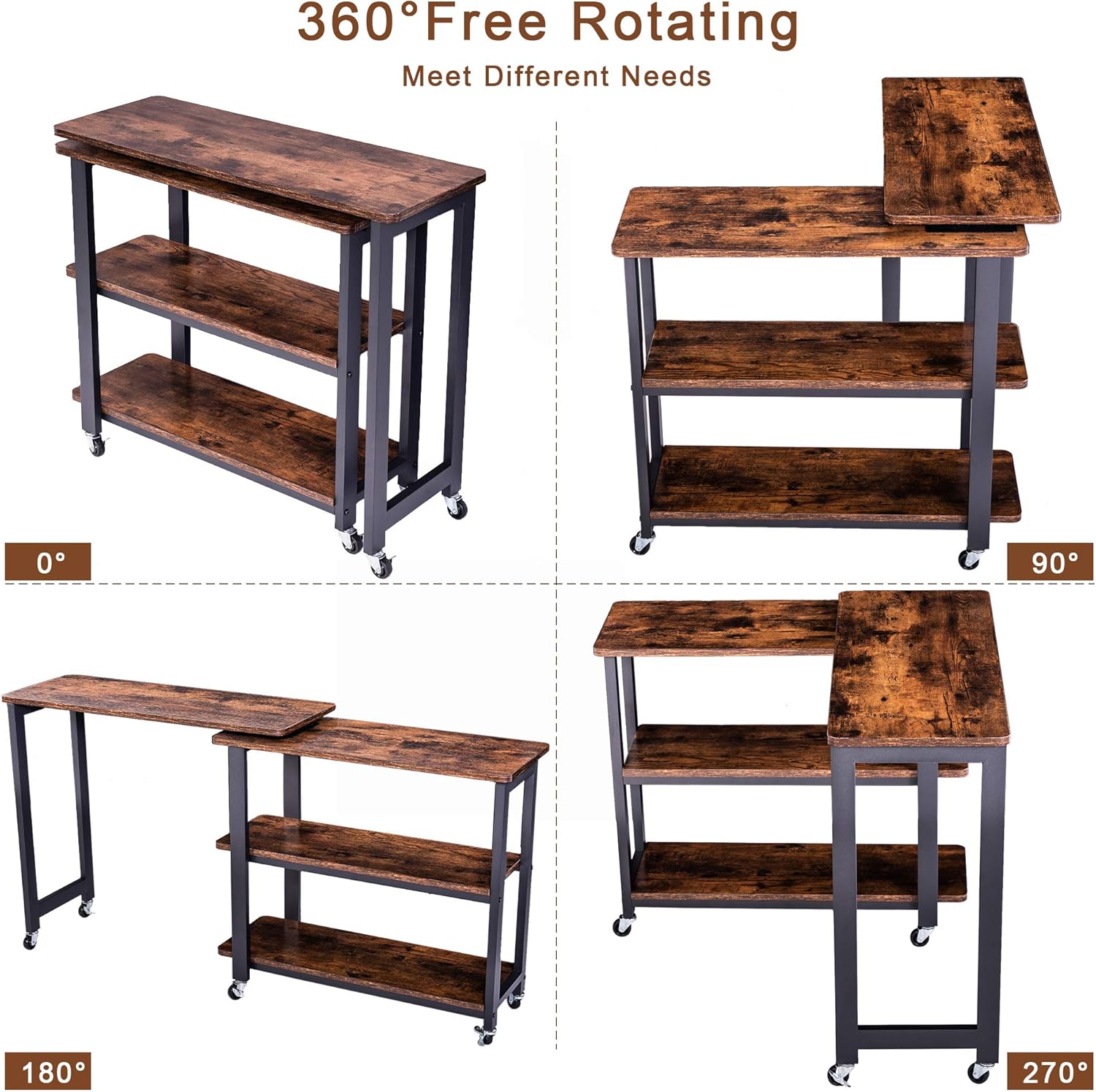 Rustic Brown Mobile Sofa Side Table with 2 Tier Storage Shelves F473