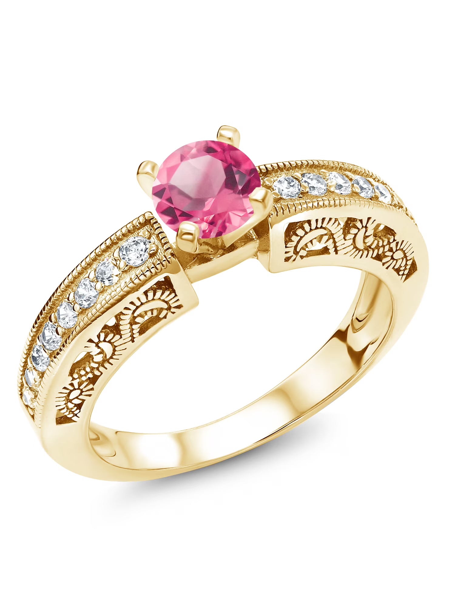 18K Yellow Gold Plated Silver Pink Mystic Topaz Engagement Filigree Ring (1.59 Cttw, Round 6MM, Size 8) W298