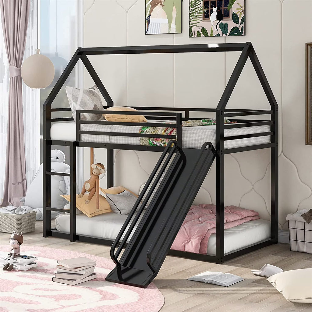 Black Metal Frame Kids Bunk Bed with Slide and Built-In Ladder T6006