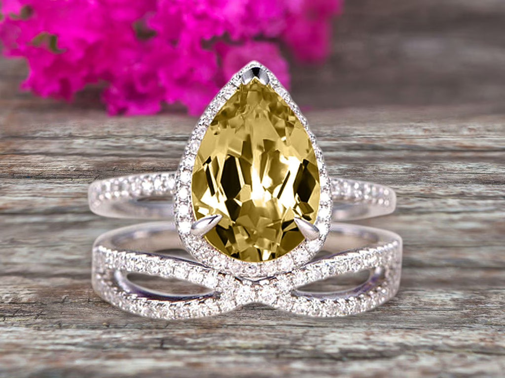 Champagne Diamond Moissanite Engagement Ring 2.5 Carat Pear Shape Gemstone Wedding Set On 10k White Gold With Matching Band I727888