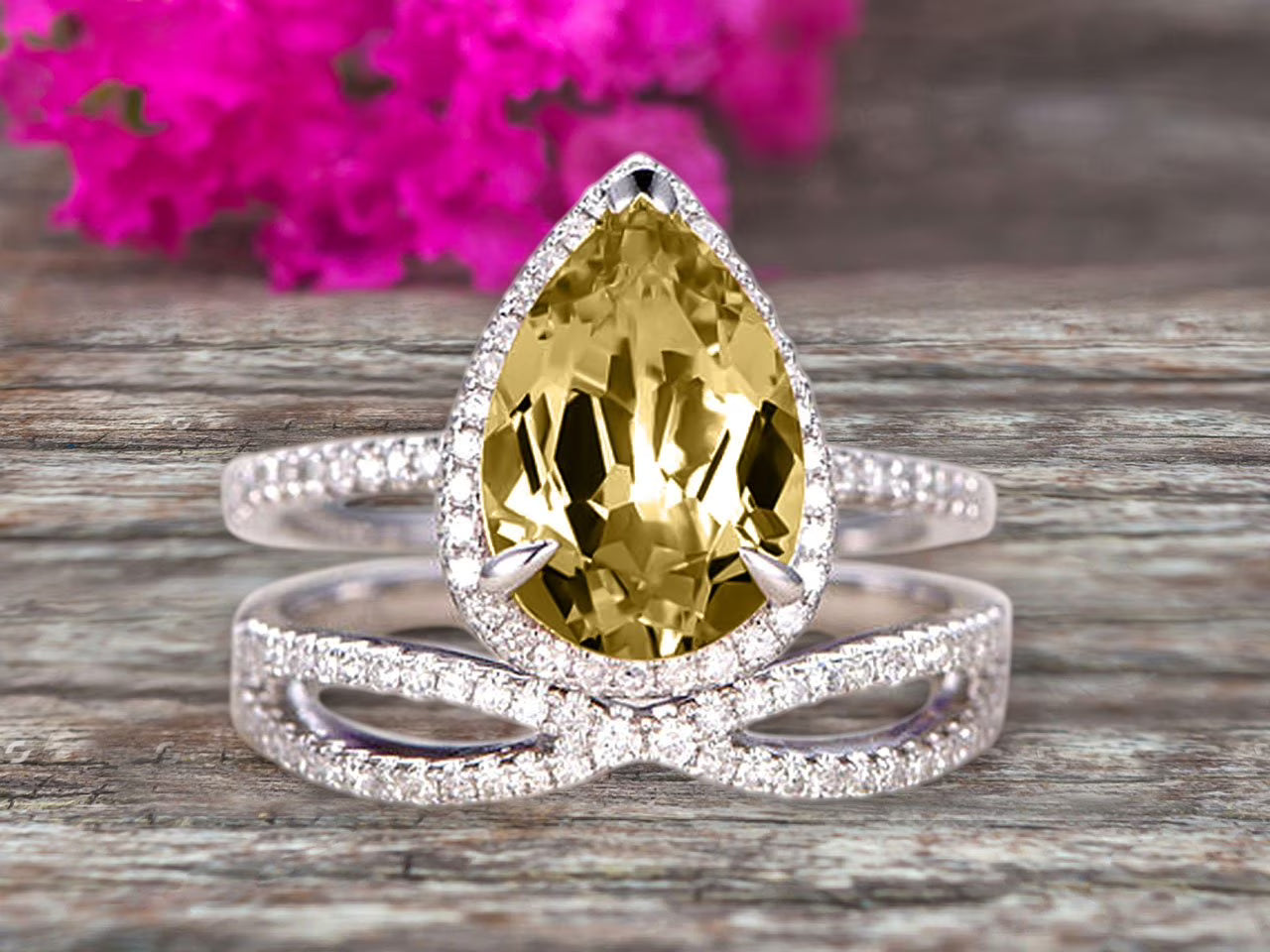 Champagne Diamond Moissanite Engagement Ring 2.5 Carat Pear Shape Gemstone Wedding Set On 10k White Gold With Matching Band I727888