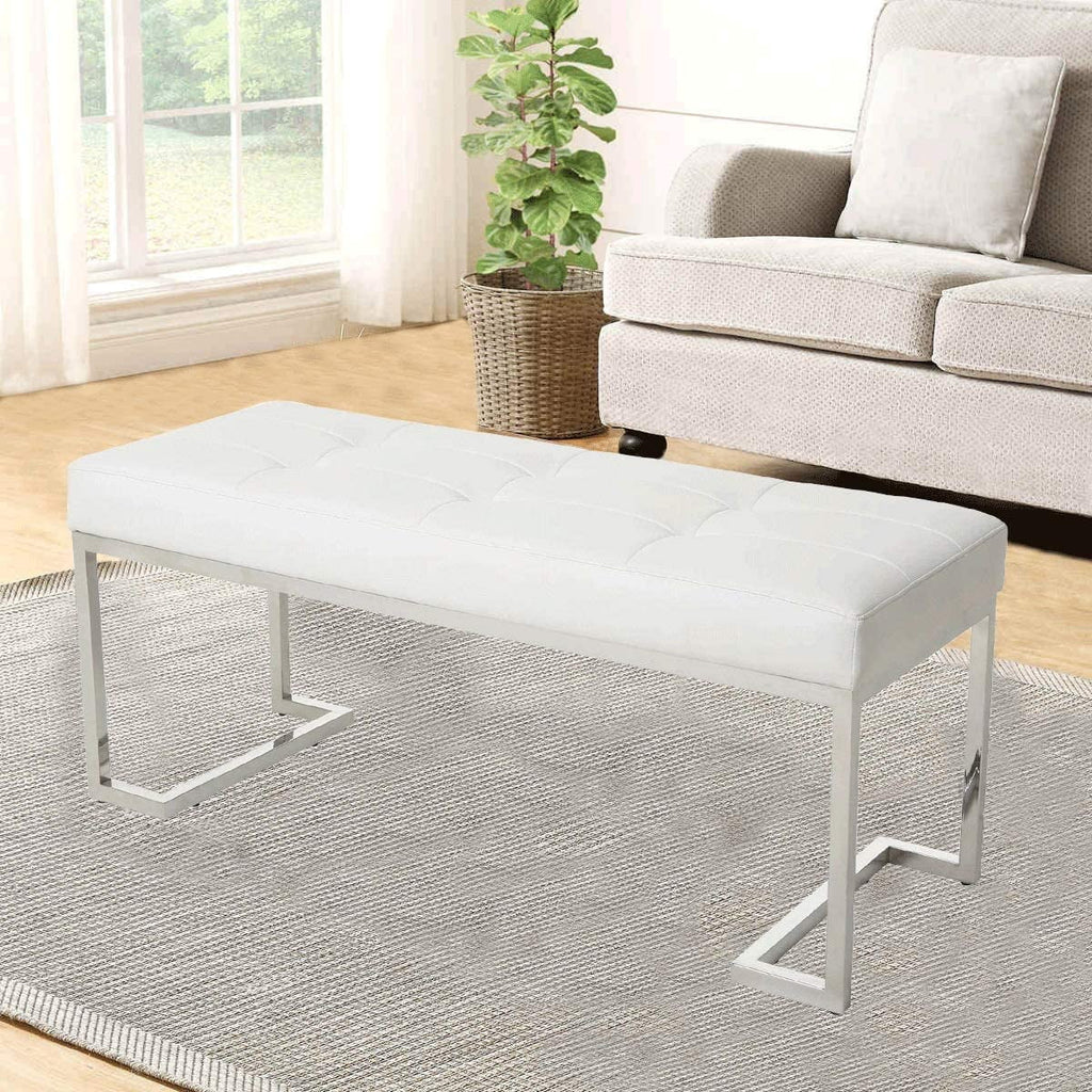 White Rectangle Tufted Faux Leather Bench H205