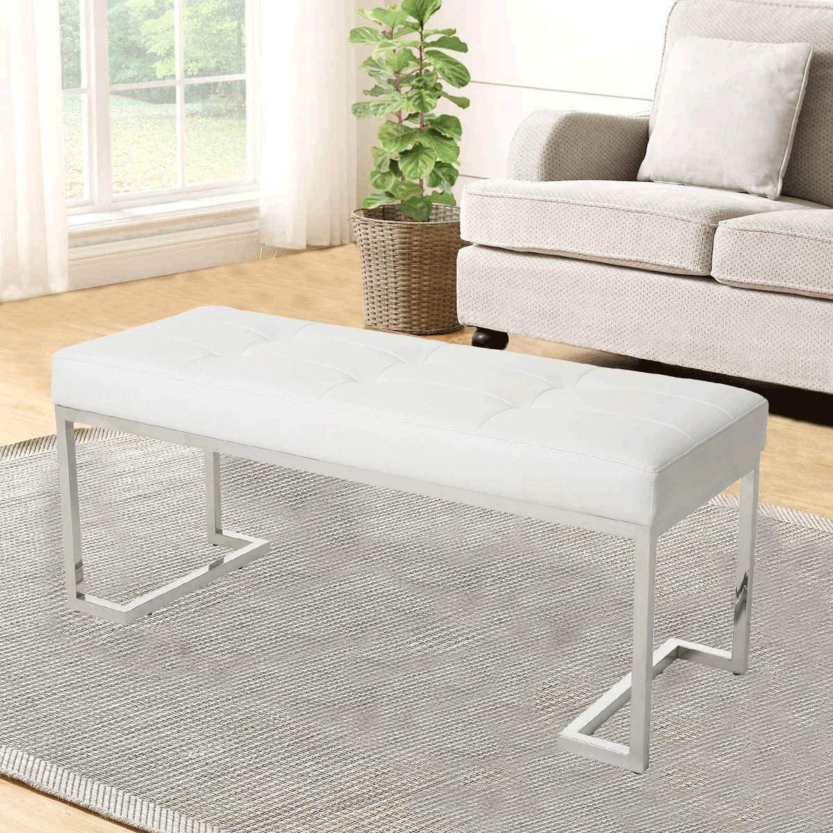 White Rectangle Tufted Faux Leather Bench H205
