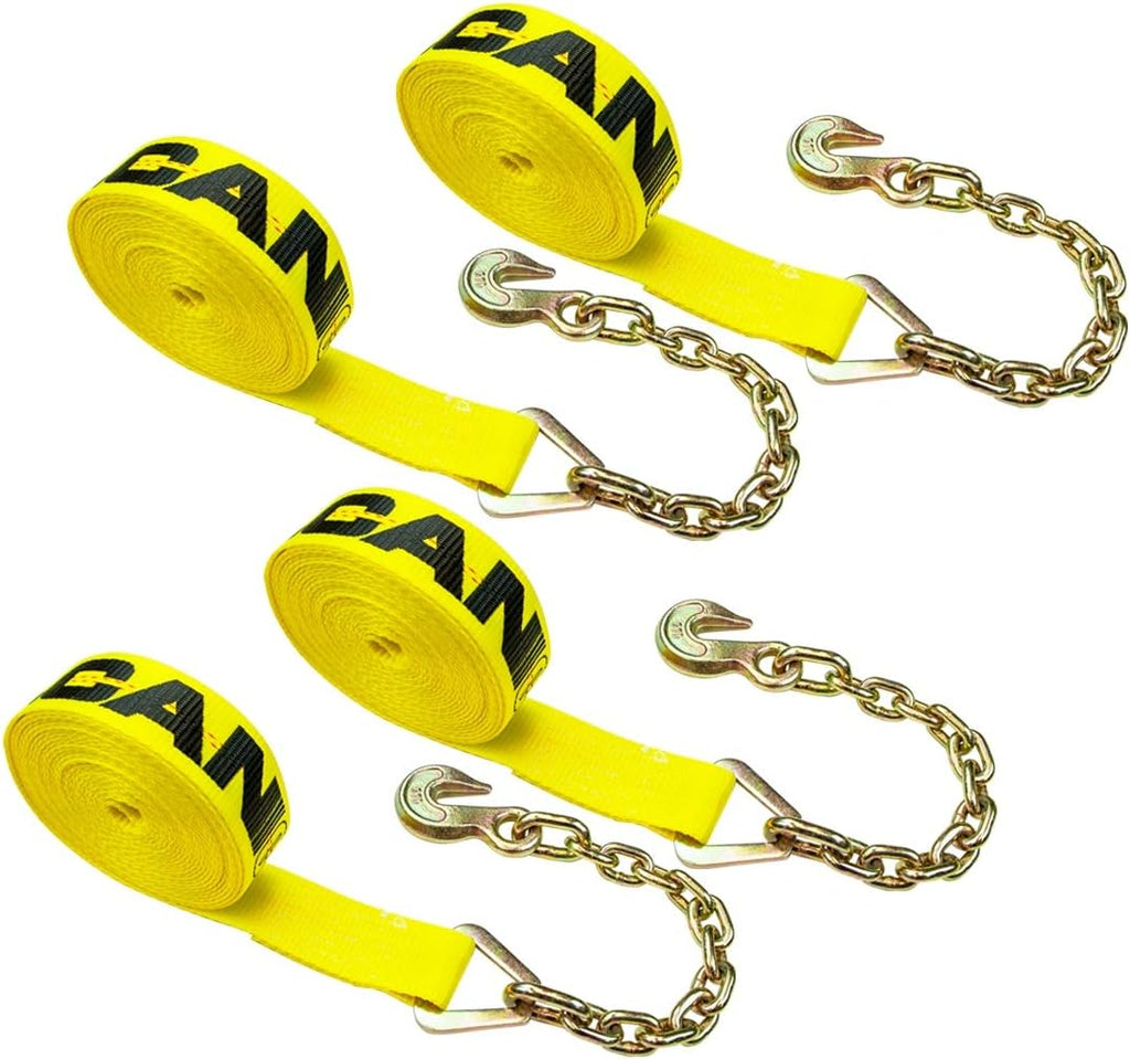 2 Inch x 27 Foot Yellow Winch Strap with Chain Anchor, 4 Pack L544