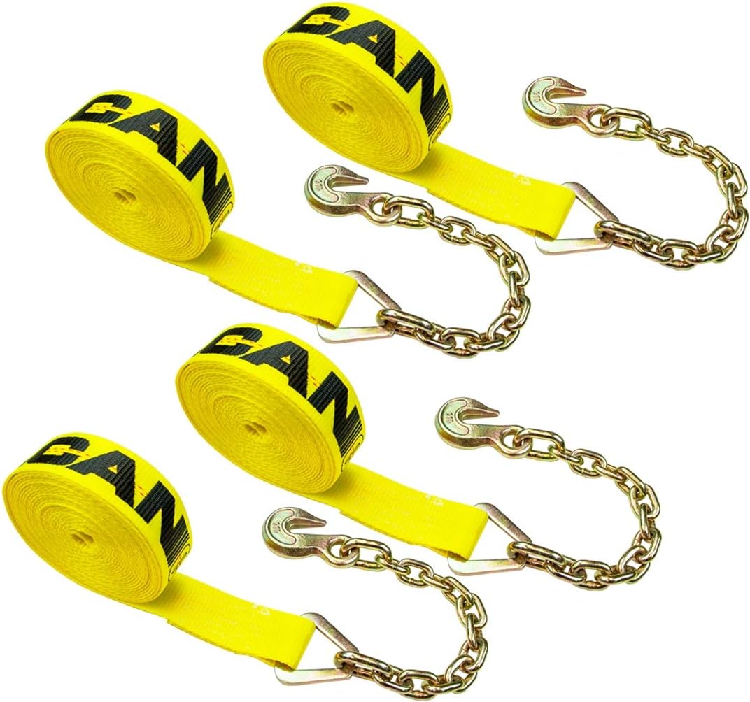 2 Inch x 27 Foot Yellow Winch Strap with Chain Anchor, 4 Pack L544