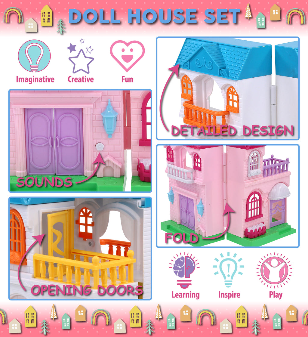 Mini Doll House Playset with 1 Pink House and 1 Blue House Set Q716