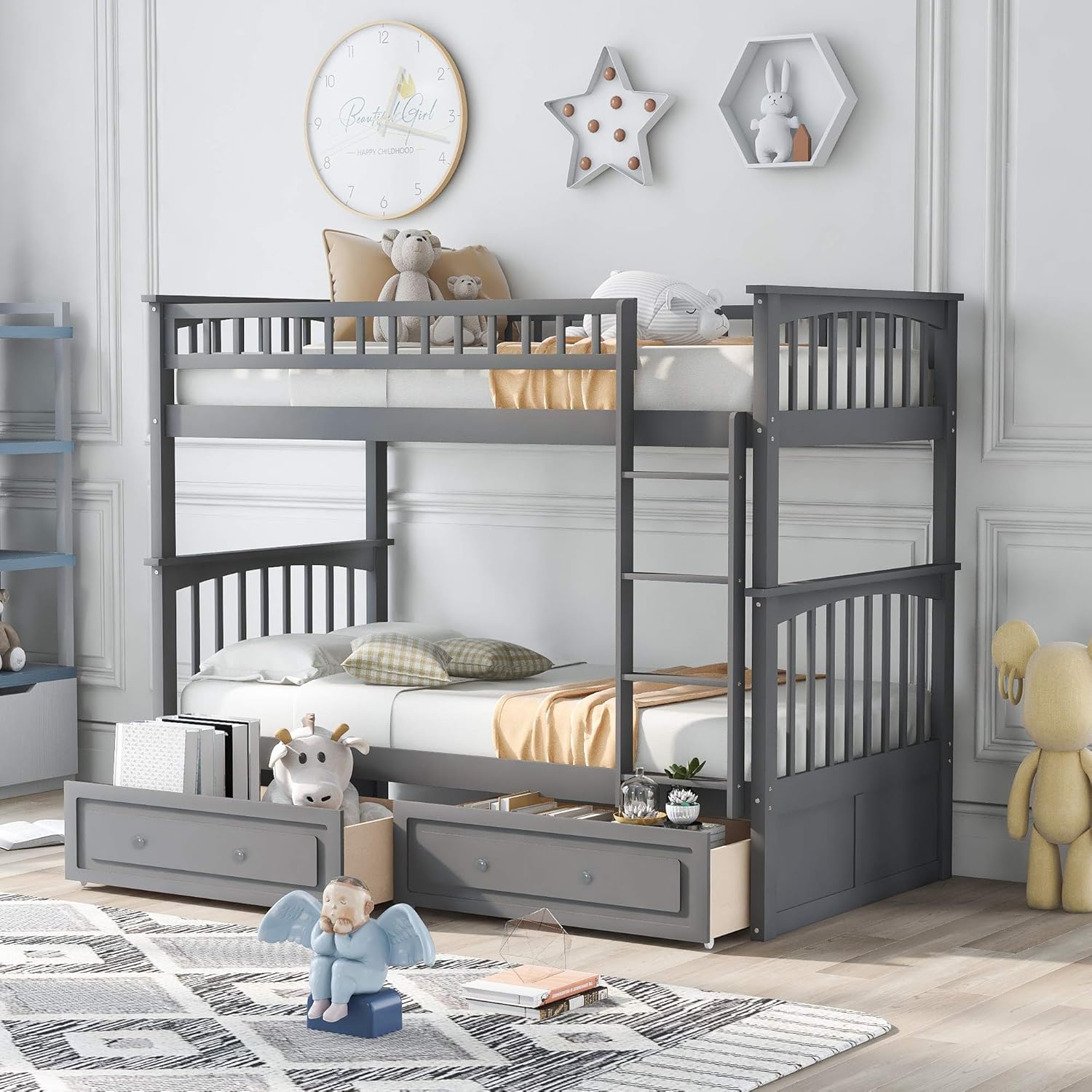 Grey Solid Wood Twin Over Twin Bunk Bed with Two Storage Drawers B562