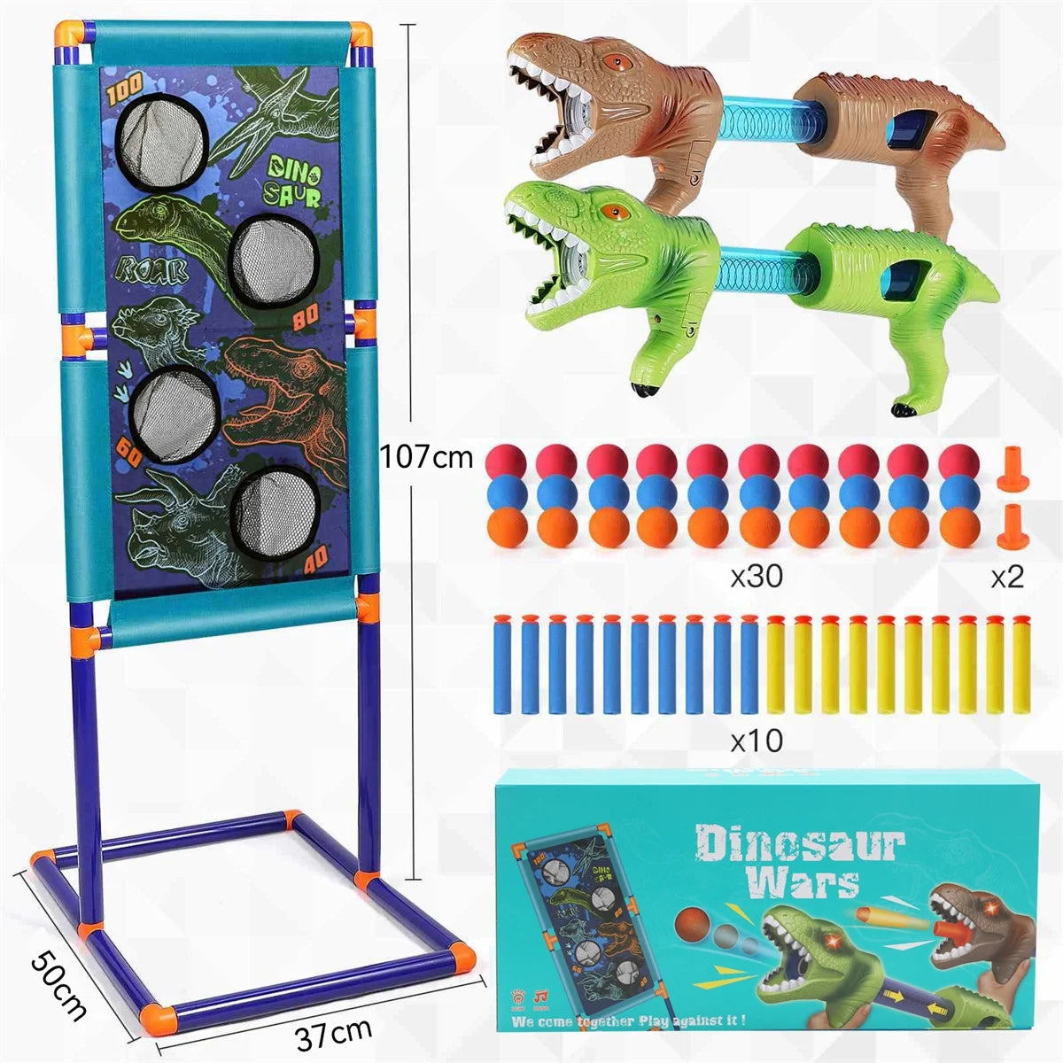 Dinosaur Shooting Game Toy with 2pk Foam Ball Popper Air Guns & 30 Foam Balls Y989